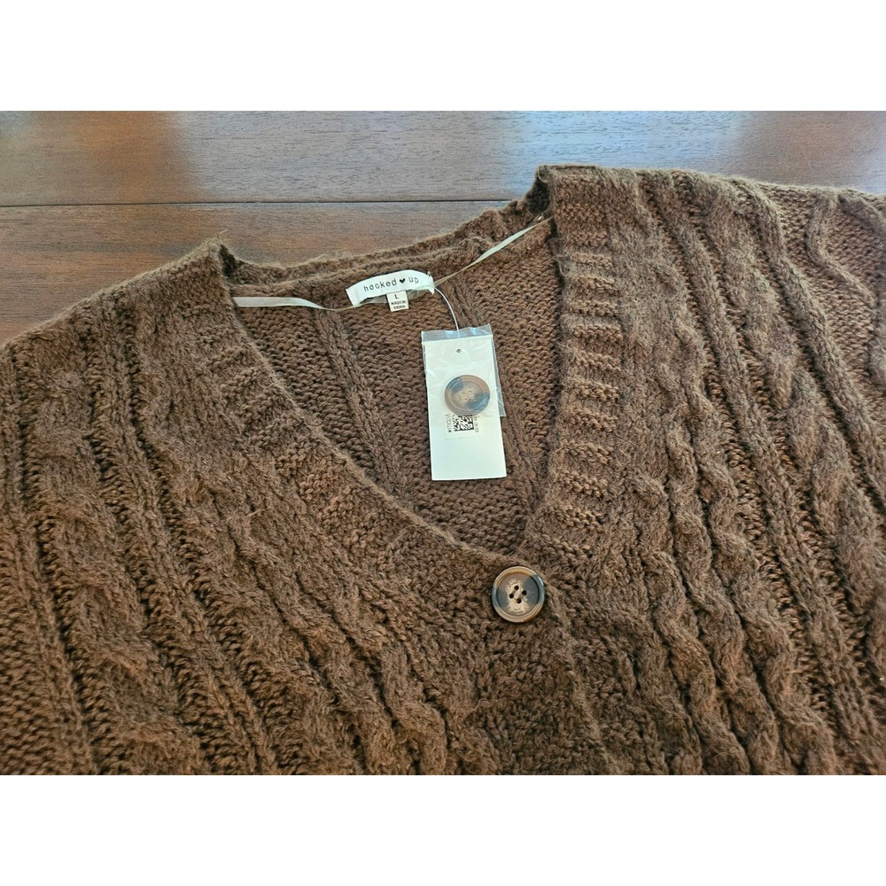 Hooked Up Cardigan Womens L Brown Cable Knit Button Front Cropped Sweater J87405